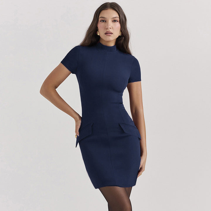 Navy Blue Mock Neck Bodycon Dress