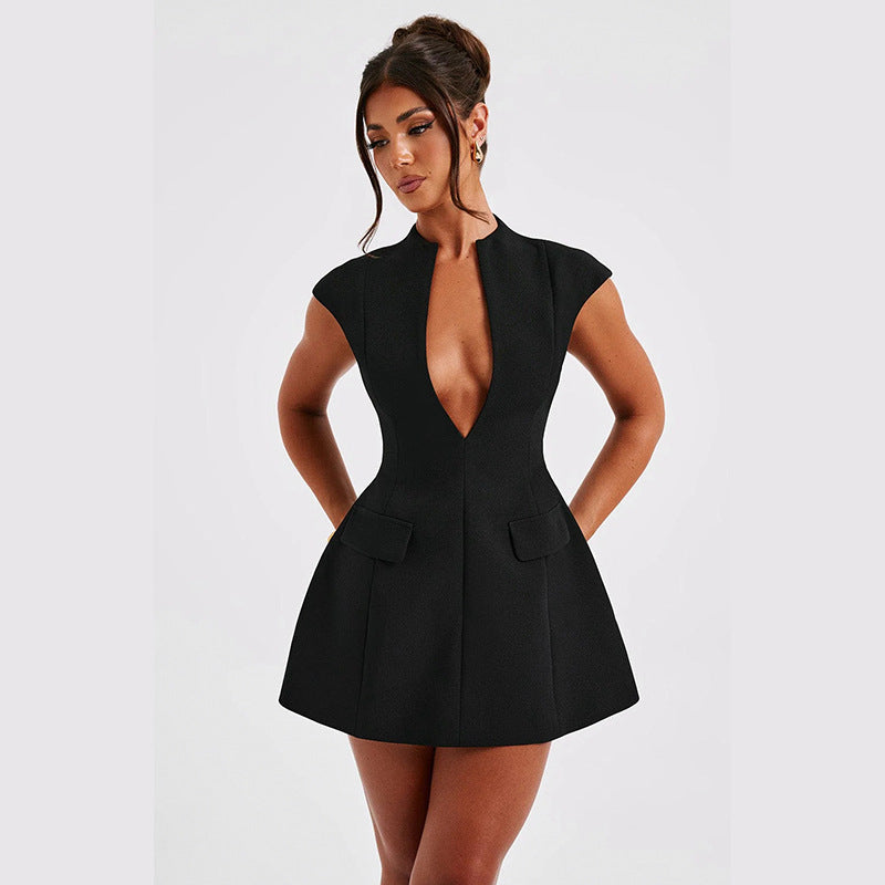 Mandarin Collar Cap Sleeves Fit & Flare Mini Dress