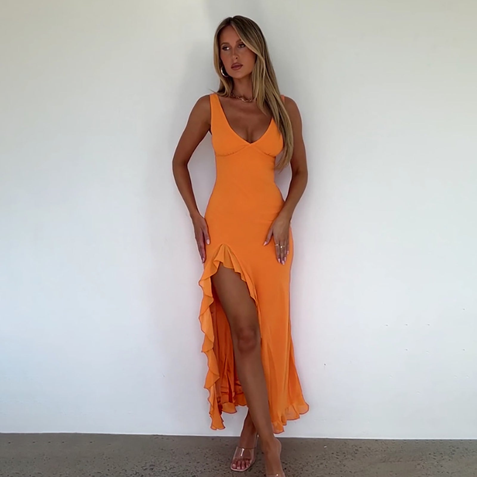 Women V-Neck Ruffled Fit & Flare Midi Dress