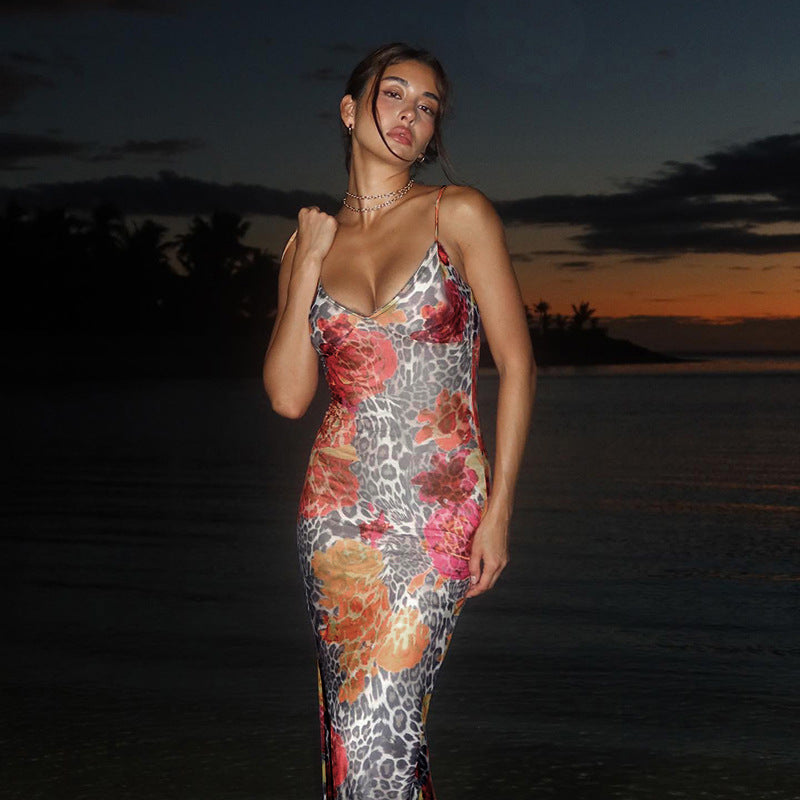 Women Floral Printed Shoulder Straps Bodycon Maxi Dress