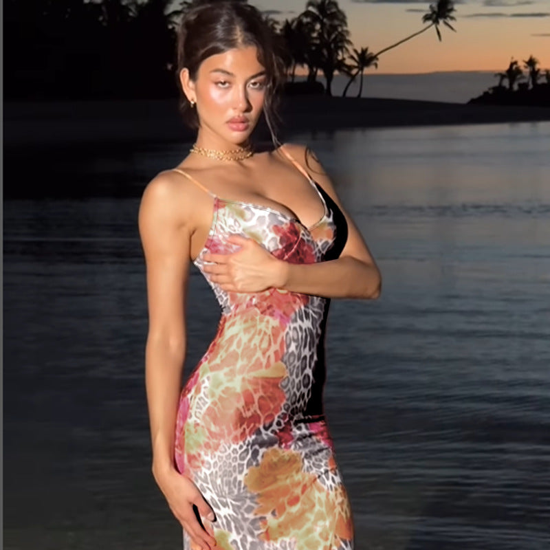 Women Floral Printed Shoulder Straps Bodycon Maxi Dress