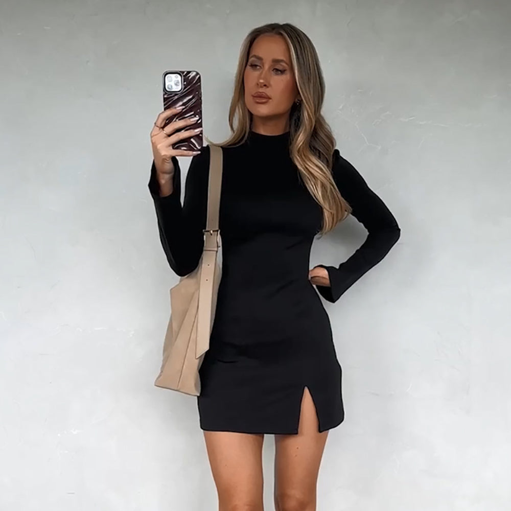 High Neck Flared Sleeves Sheath Mini Dress