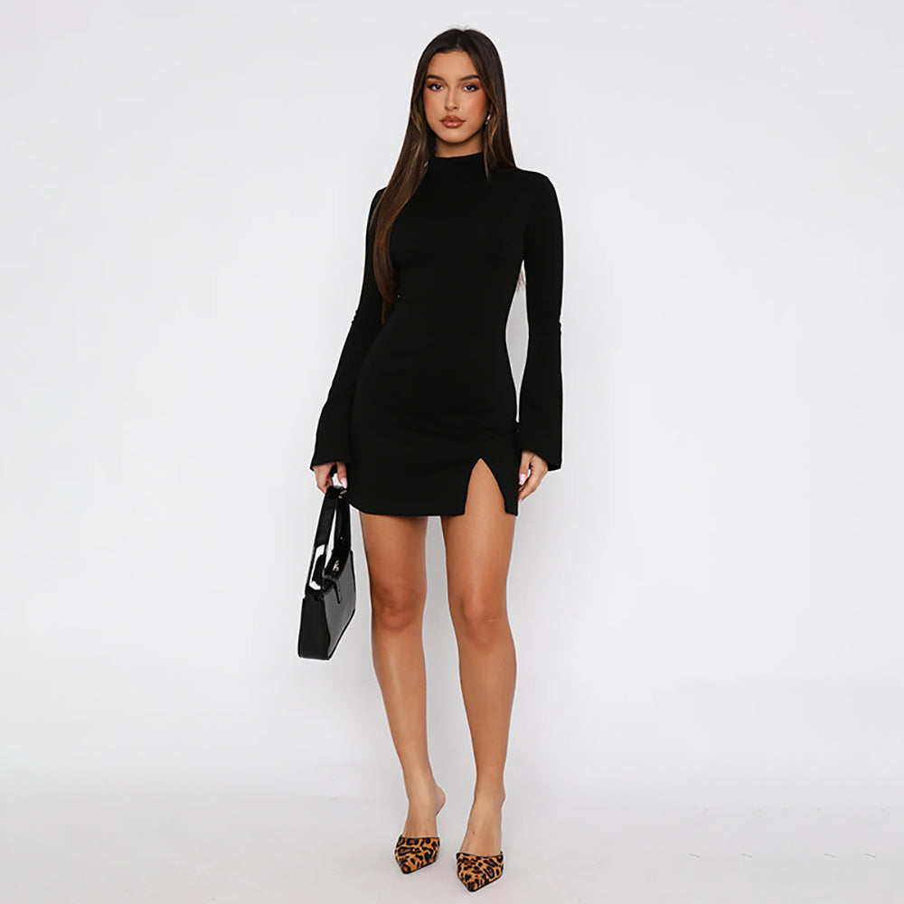 High Neck Flared Sleeves Sheath Mini Dress