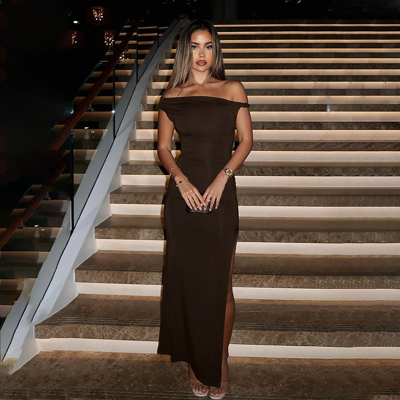 Solid Black Off-Shoulder Slits Detail Bodycon Maxi Dress