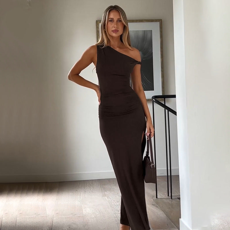 Solid Black Off-Shoulder Slits Detail Bodycon Maxi Dress