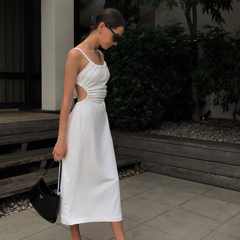 White Shoulder Straps Cut-Outs Detailed A-Line Midi Dress