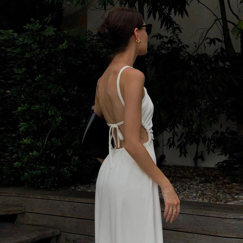 White Shoulder Straps Cut-Outs Detailed A-Line Midi Dress