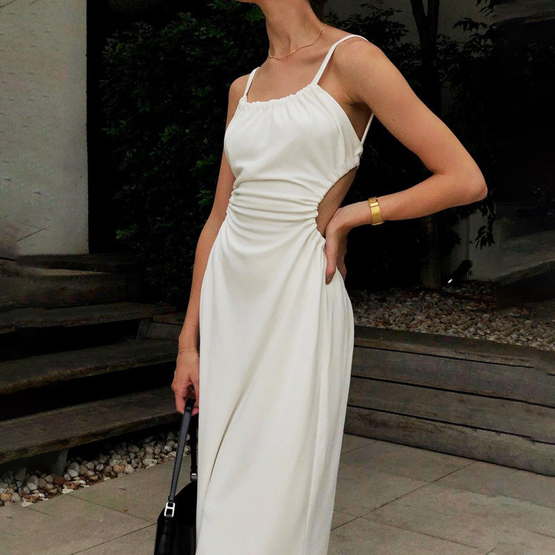 White Shoulder Straps Cut-Outs Detailed A-Line Midi Dress