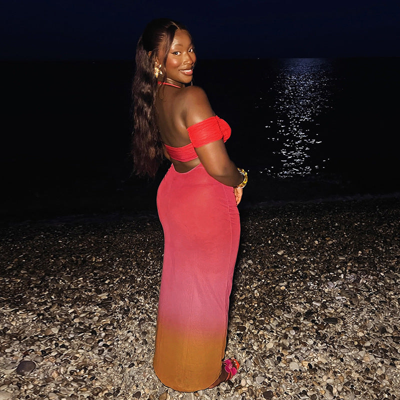 Women Tie and Dye Dyed  Cold-Shoulder Georgette Bodycon Maxi Dress