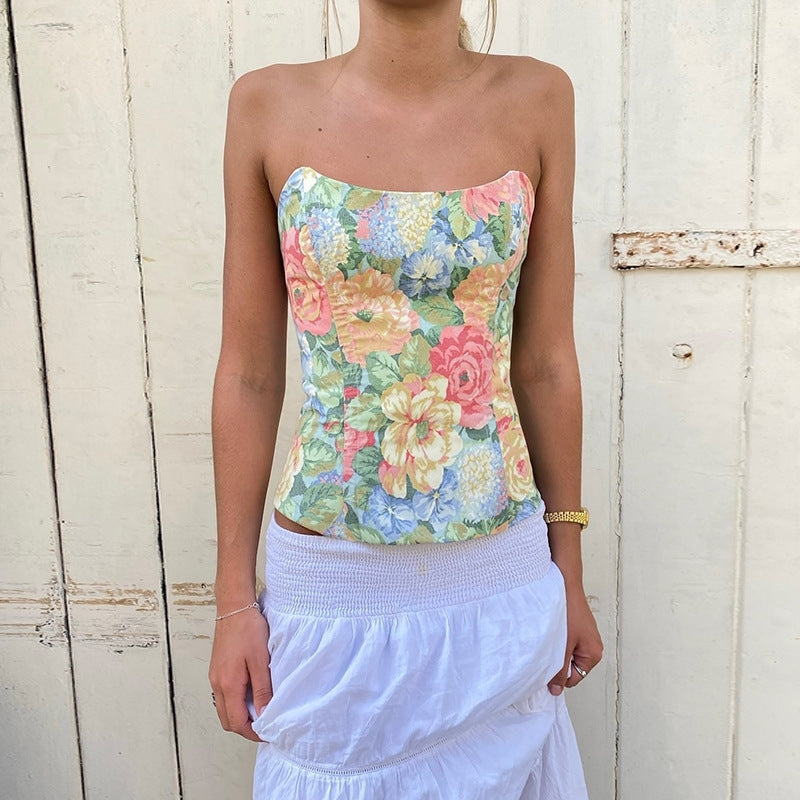 Women Floral Printed Bardot Crop Top