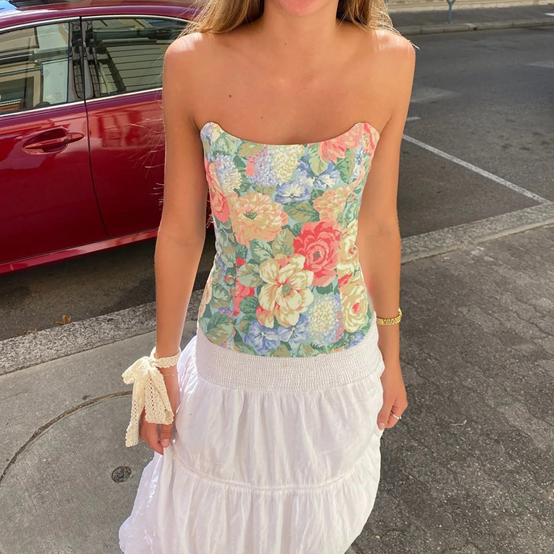 Women Floral Printed Bardot Crop Top