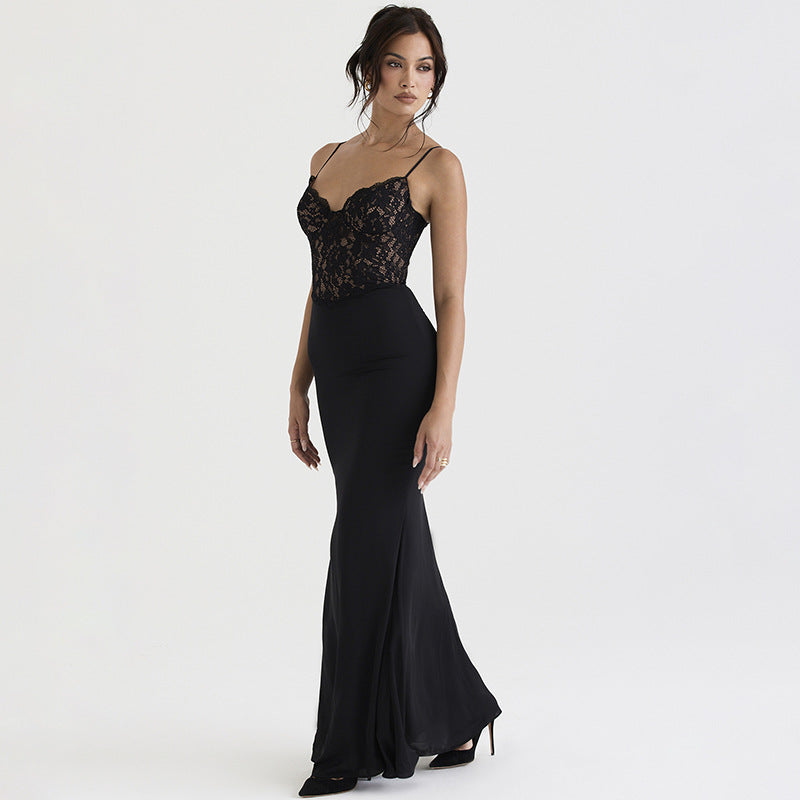 Black Self Design Shoulder Straps Maxi Dress