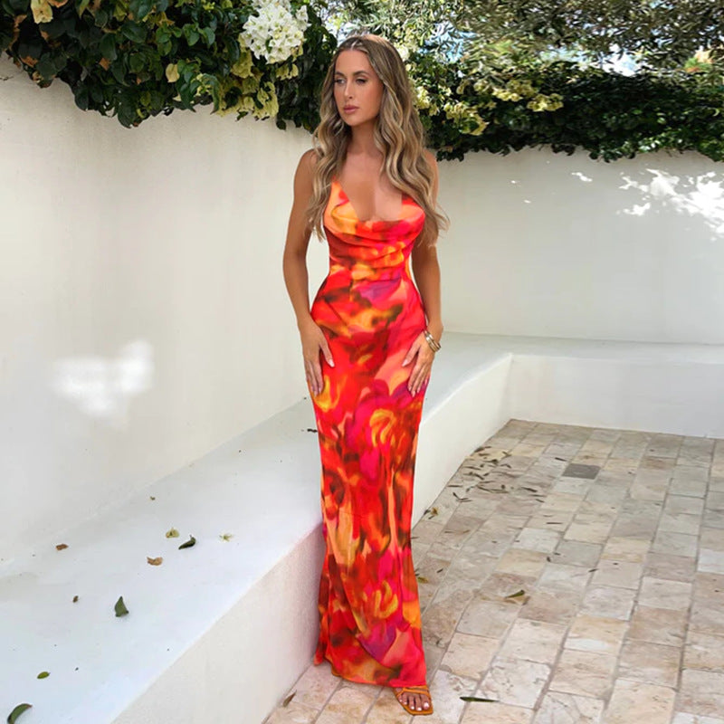 Shoulder Straps Sleeveless Abstract Print Bodycon Maxi Dress