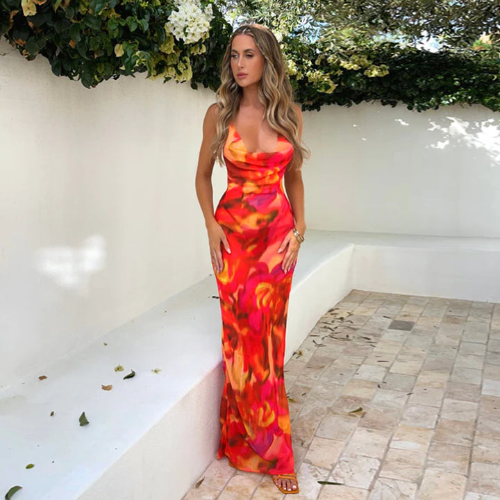 Shoulder Straps Sleeveless Abstract Print Bodycon Maxi Dress