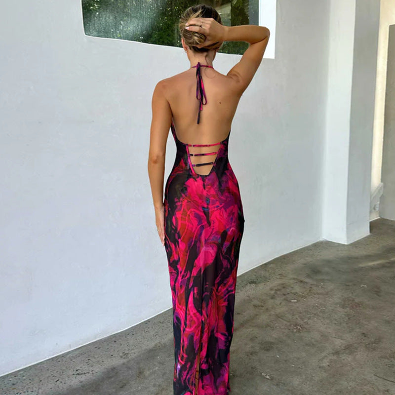 Abstract Printed Halter Neck Bodycon Maxi Dress