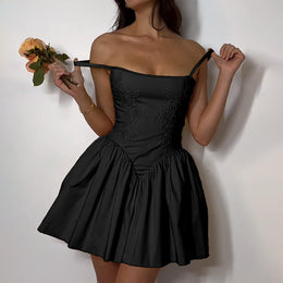 Embroidered Shoulser Straps Fit & Flare Mini Dress