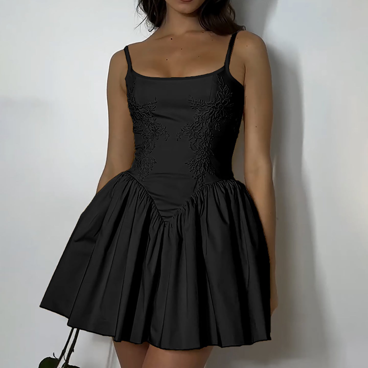 Embroidered Shoulser Straps Fit & Flare Mini Dress