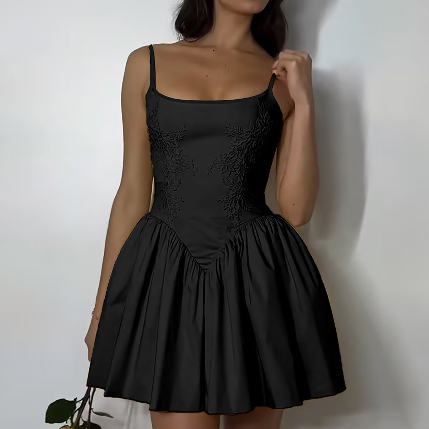 Embroidered Shoulser Straps Fit & Flare Mini Dress