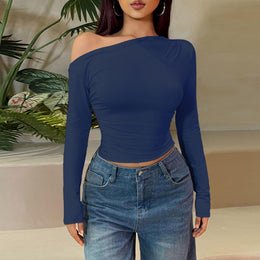 Women One Shoulder Extended Sleeves Fitted Crop Top