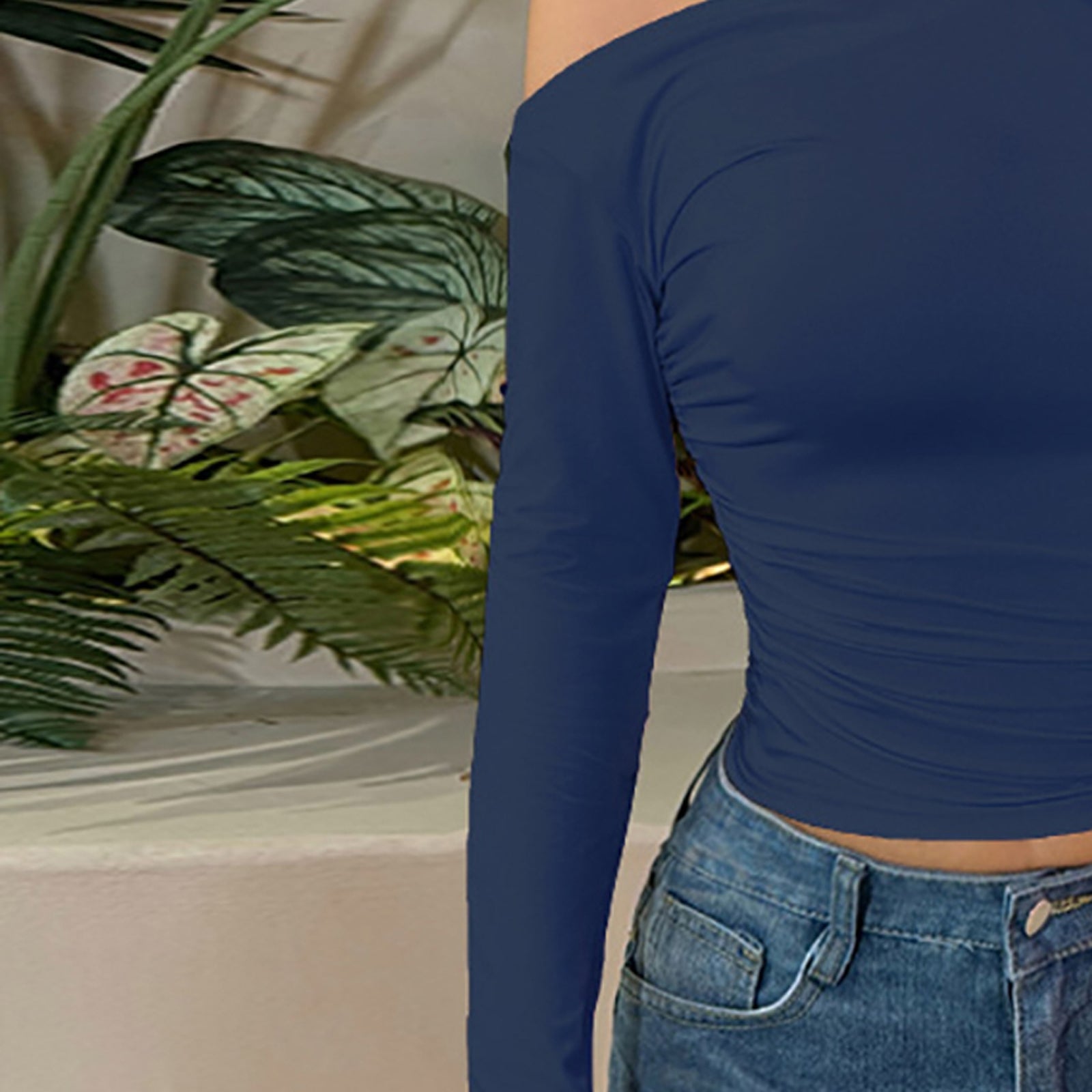 Women One Shoulder Extended Sleeves Fitted Crop Top