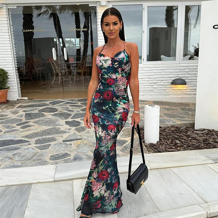Floral Printed Cowl Neck Maxi Dress