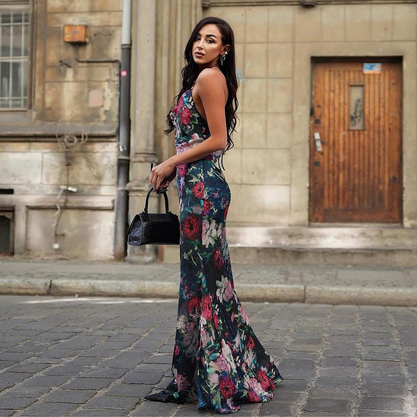 Floral Printed Cowl Neck Maxi Dress
