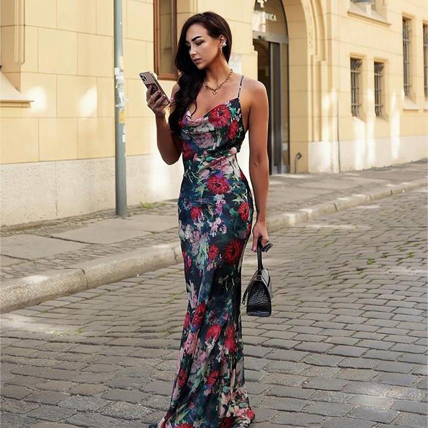 Floral Printed Cowl Neck Maxi Dress
