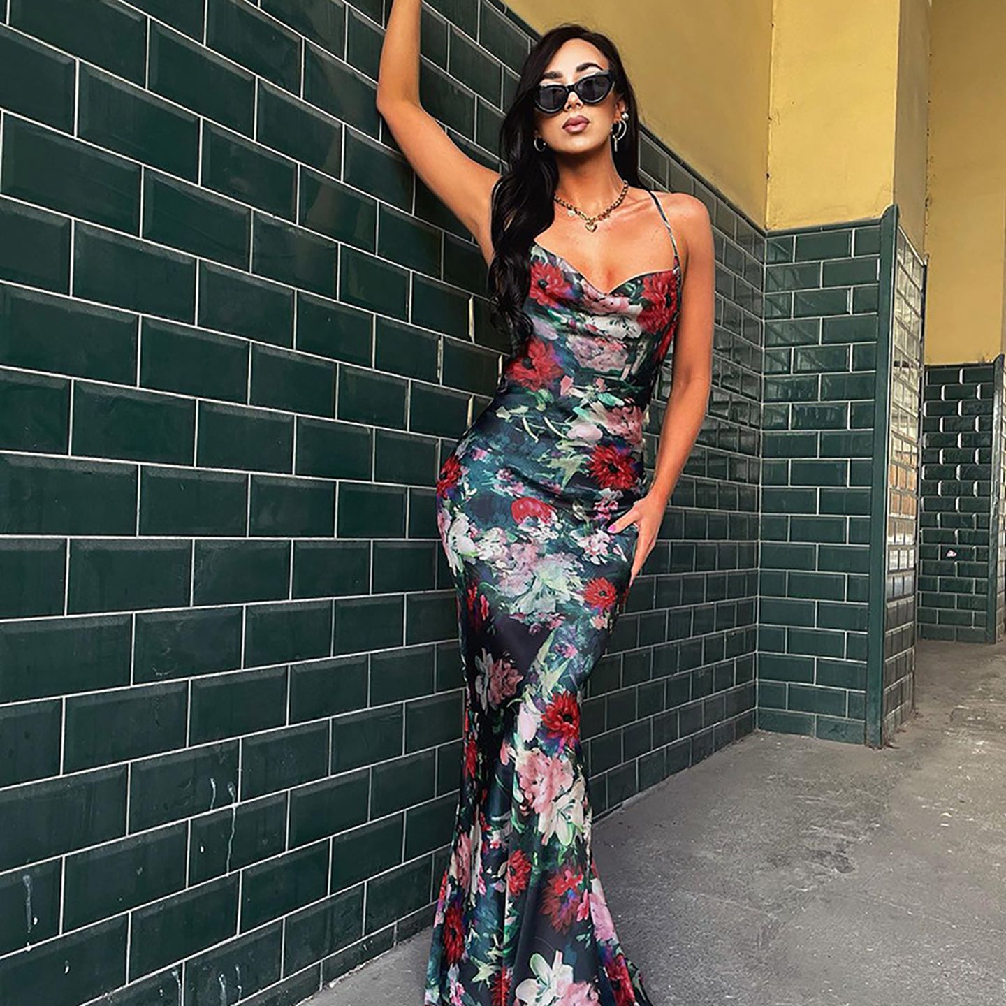 Floral Printed Cowl Neck Maxi Dress