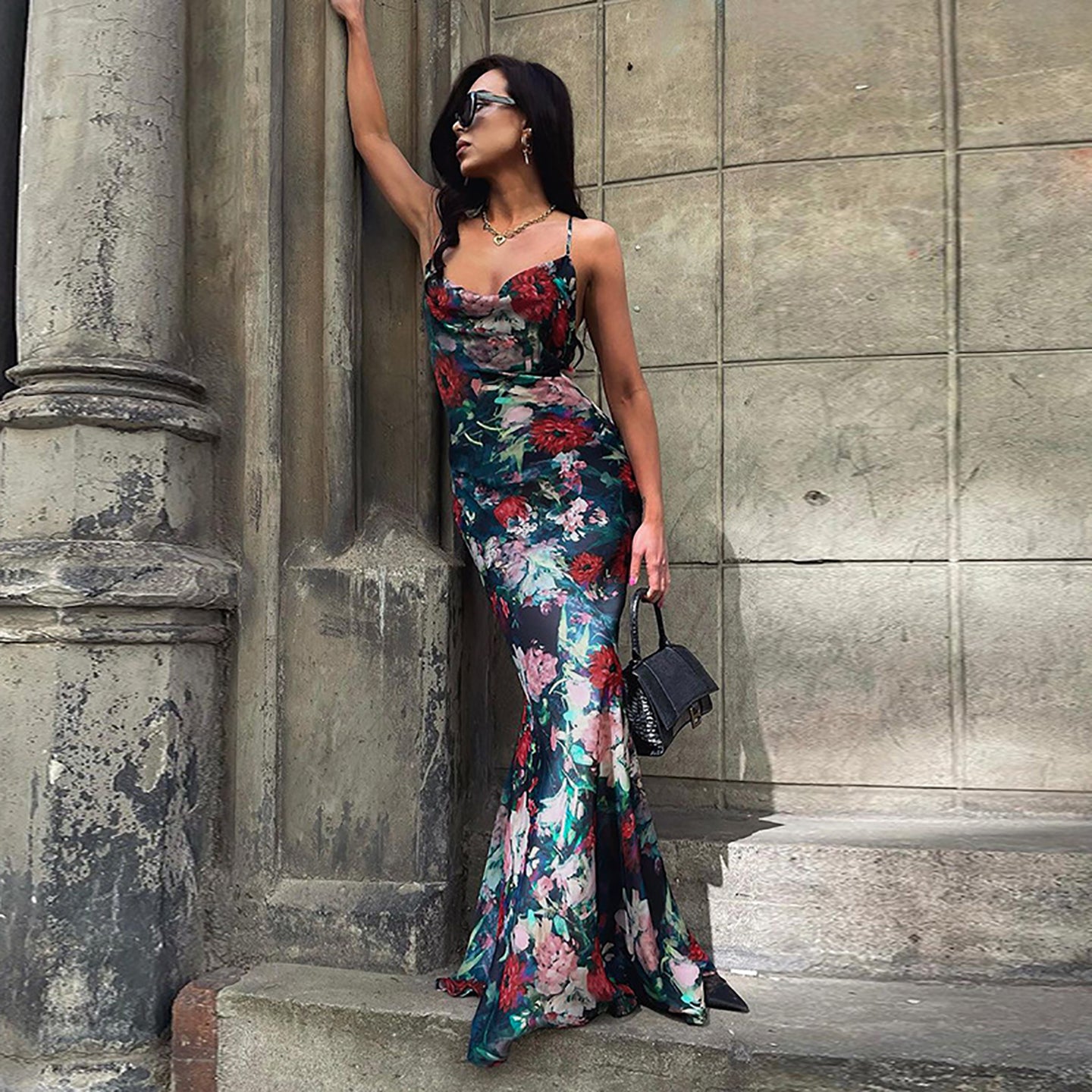 Floral Printed Cowl Neck Maxi Dress