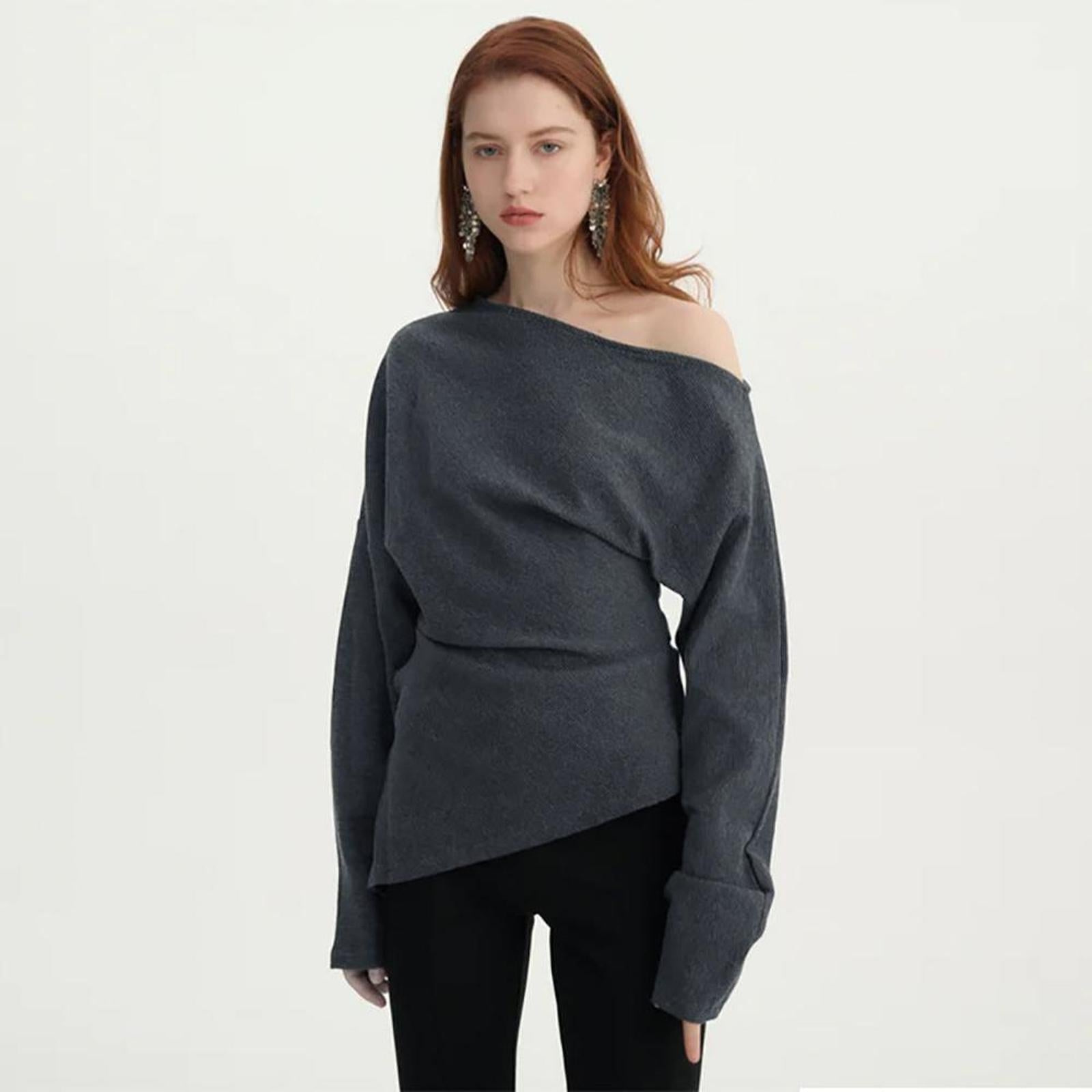Women One Shoulder Extended Sleeves Crepe Top