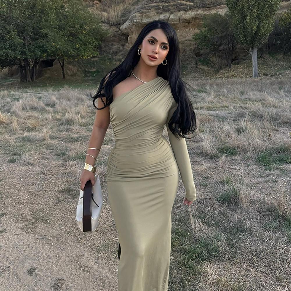 One Shoulder Satin Bodycon Maxi Dress