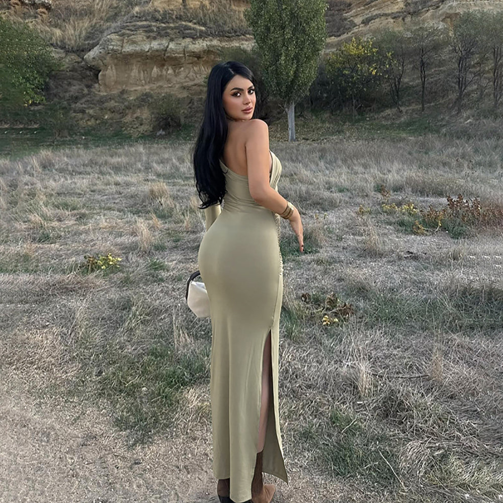 One Shoulder Satin Bodycon Maxi Dress