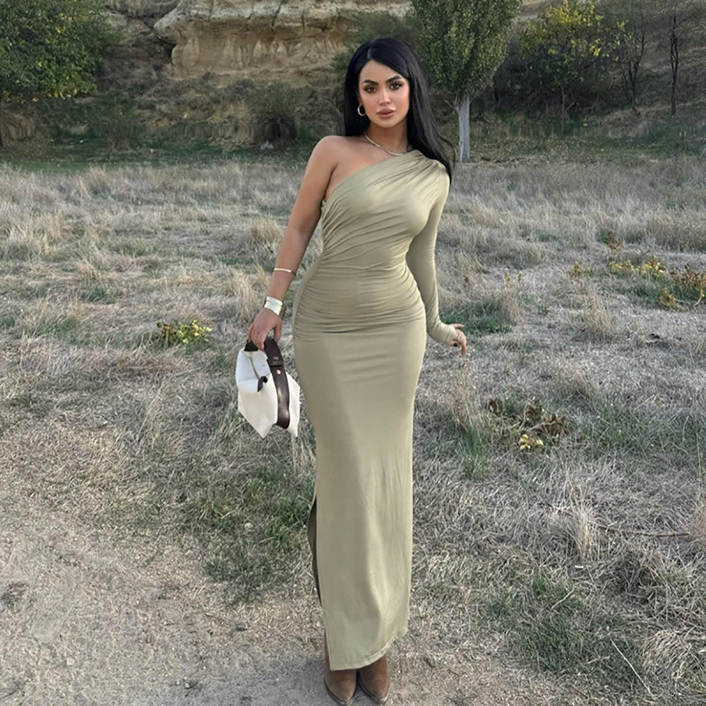 One Shoulder Satin Bodycon Maxi Dress