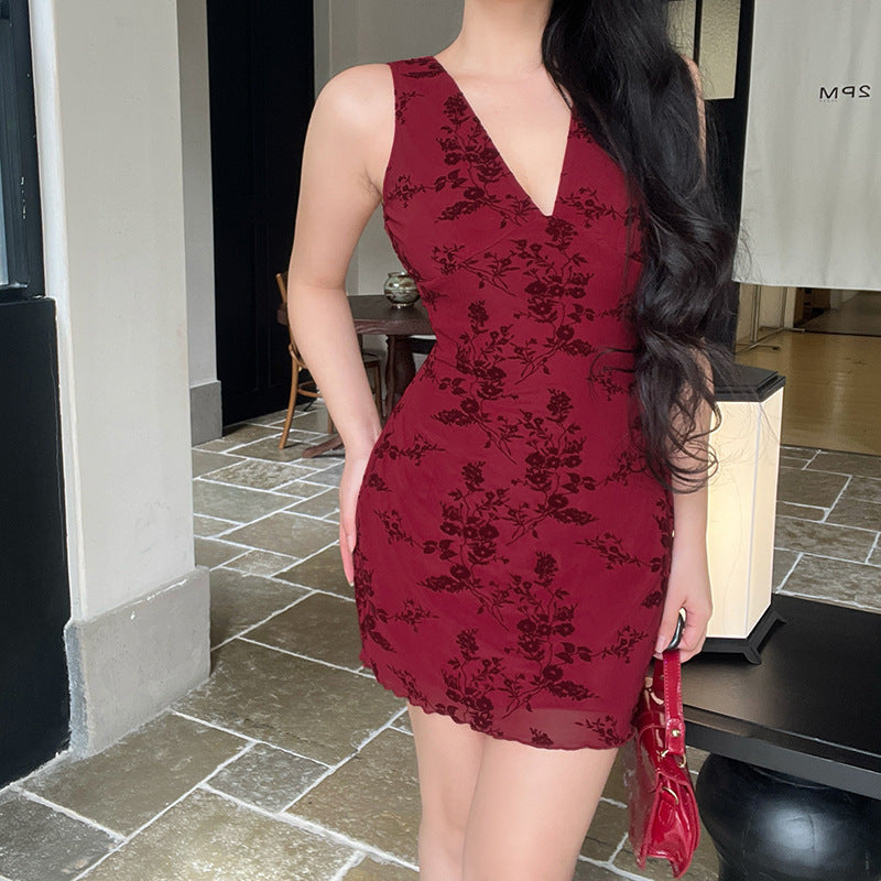 Floral Print Plunge Neck Sheath Mini Dress