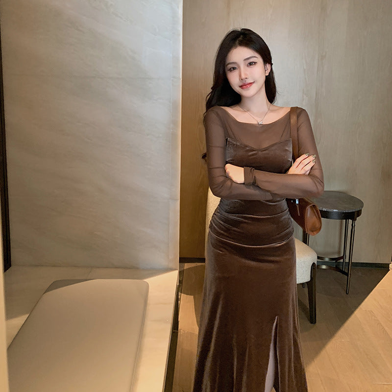 Brown Long Sleeves Bodycon Maxi Dress
