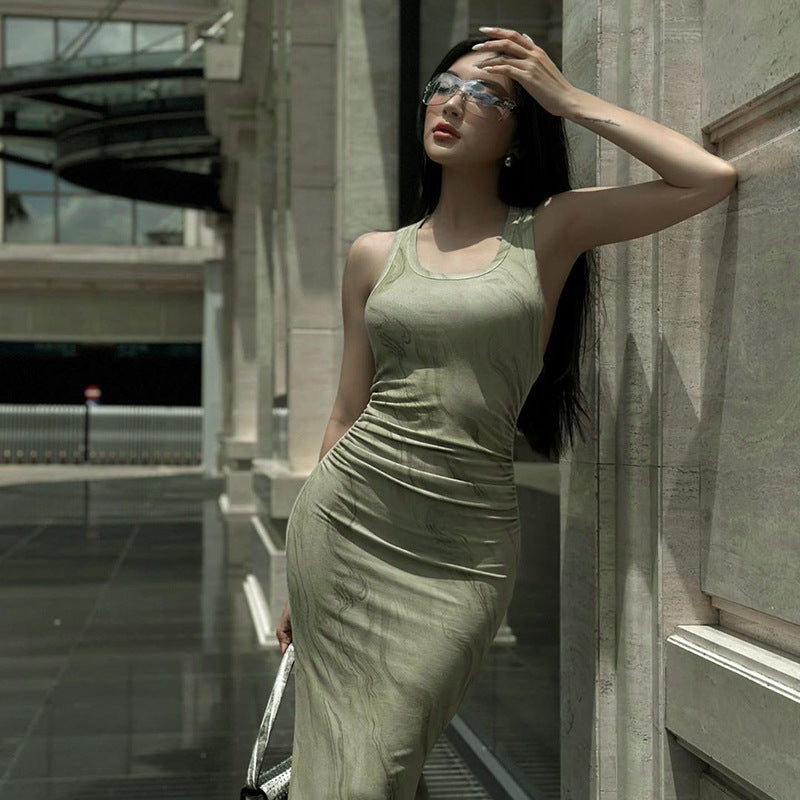 Round Neck Abstract Printed Sleeveless Maxi Dress