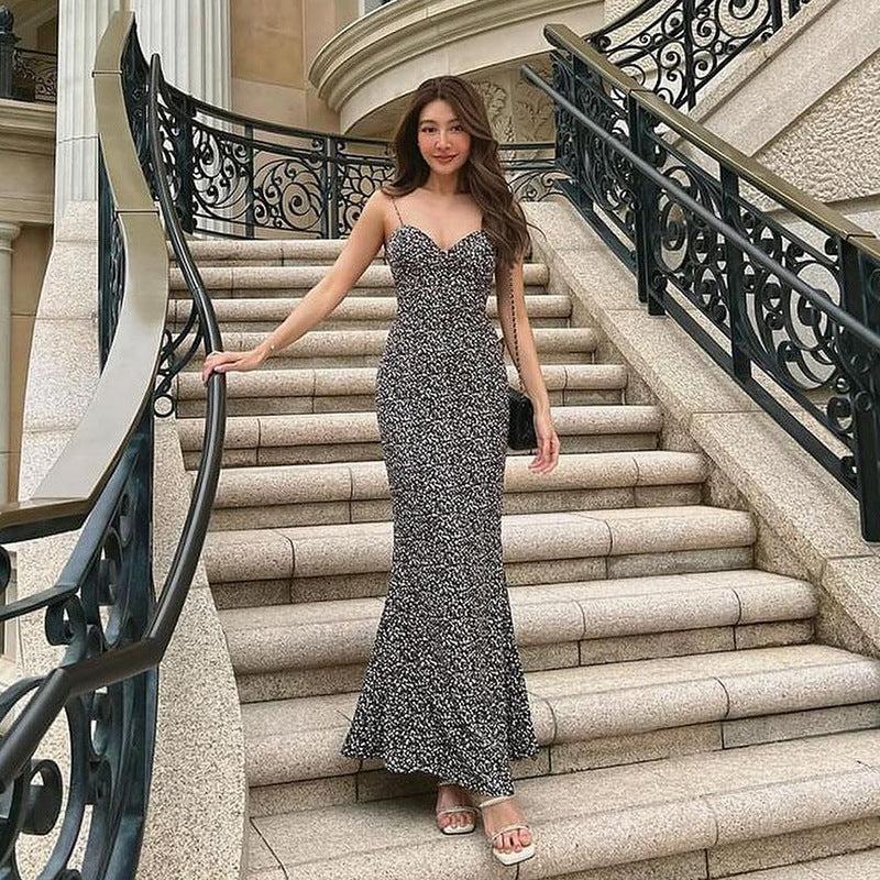 Black Shoulder Straps Printed Maxi Dress