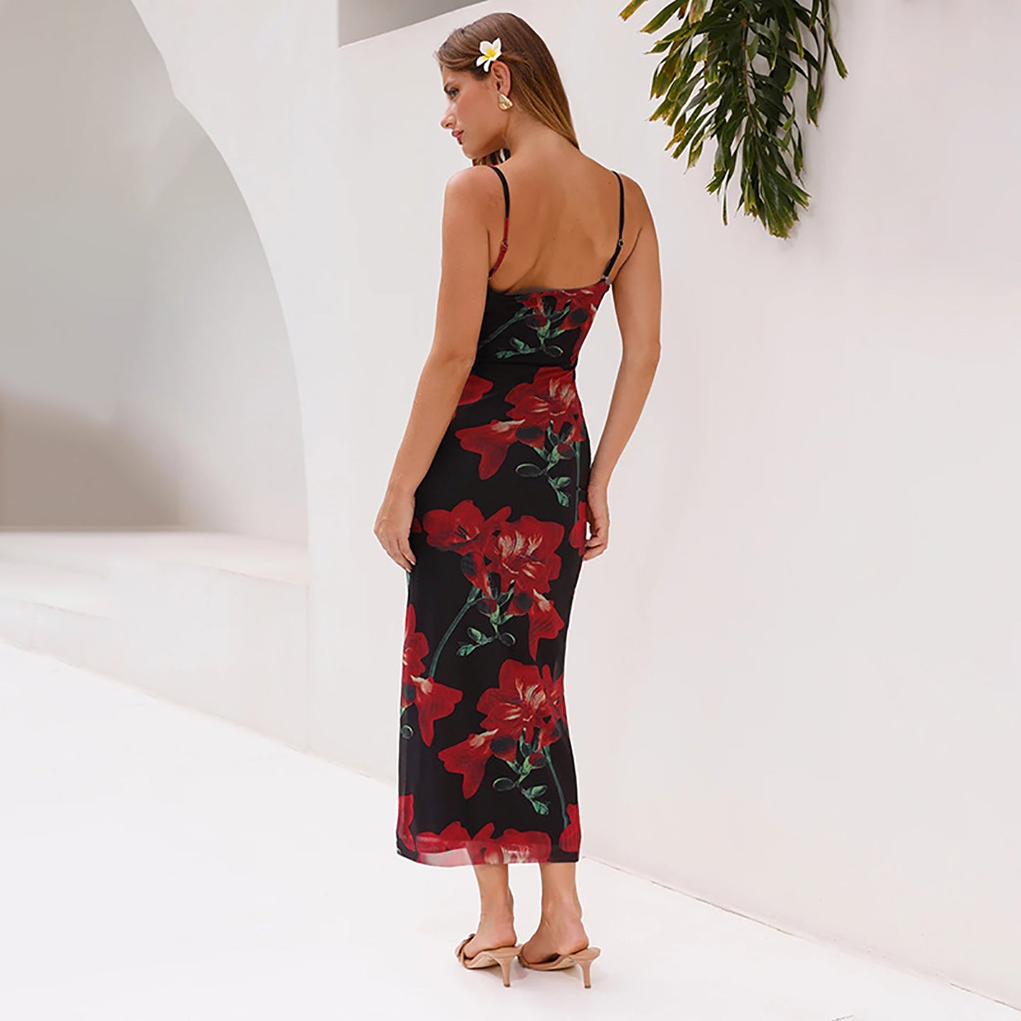 Floral Printed Shoulder Straps Bodycon Maxi Dress