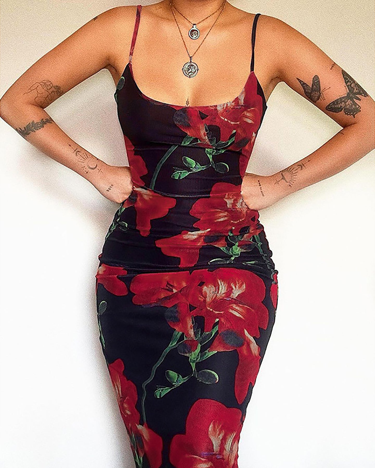 Floral Printed Shoulder Straps Bodycon Maxi Dress
