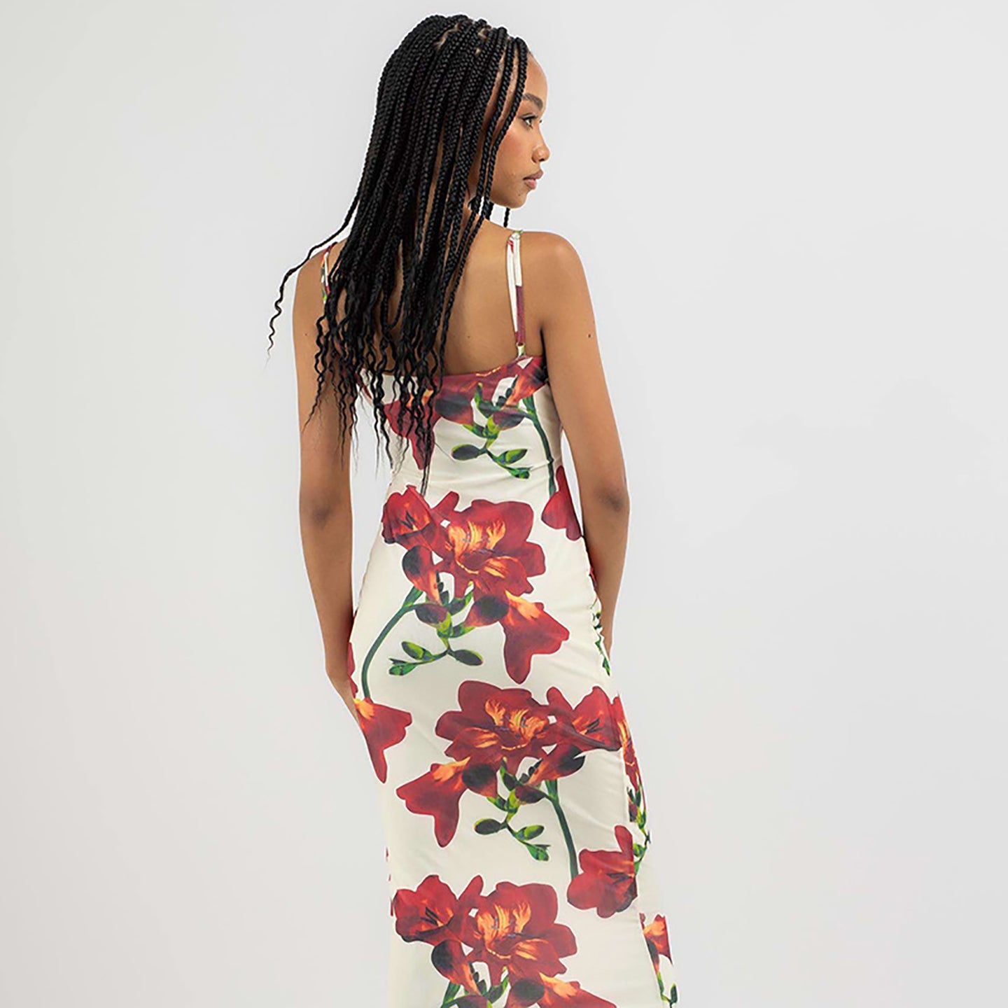 Floral Printed Shoulder Straps Bodycon Midi Dress