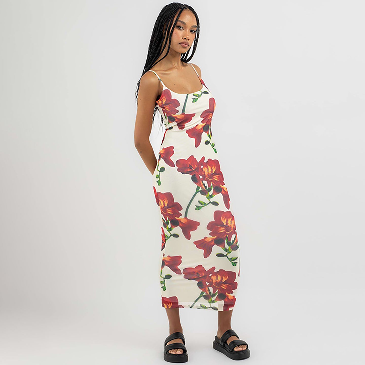 Floral Printed Shoulder Straps Bodycon Midi Dress
