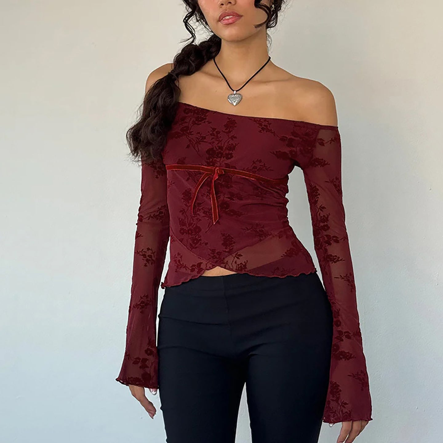 Women Floral Self Design Bardot Top