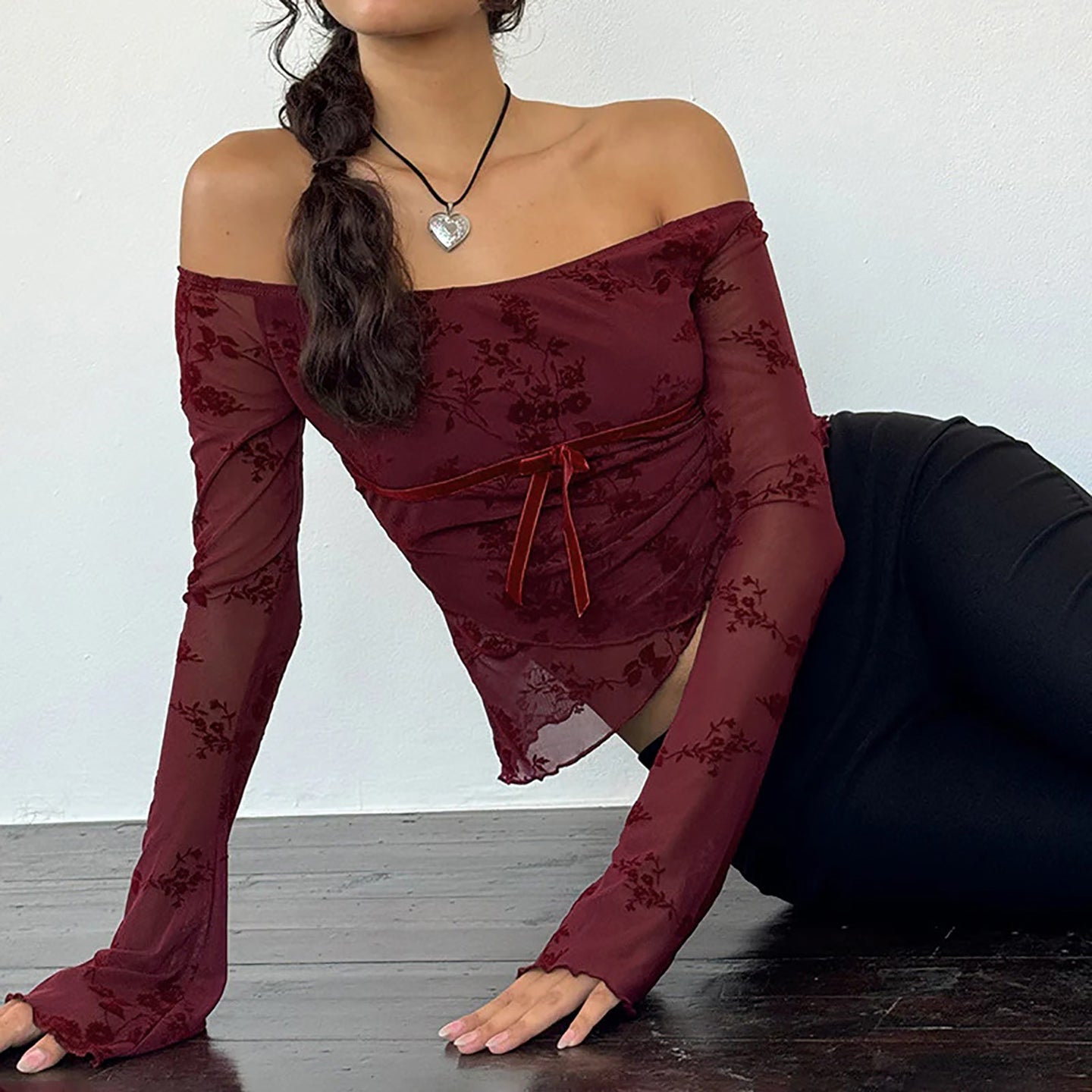 Women Floral Self Design Bardot Top