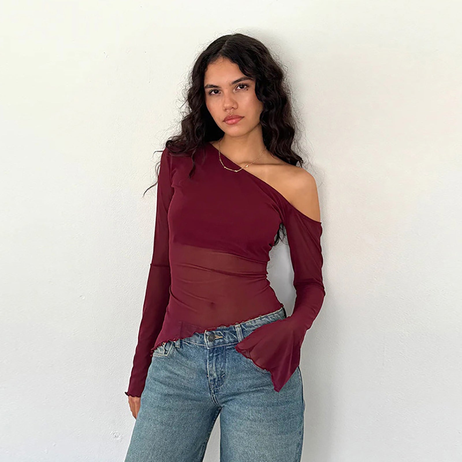 Women One Shoulder Extended Sleeves Top