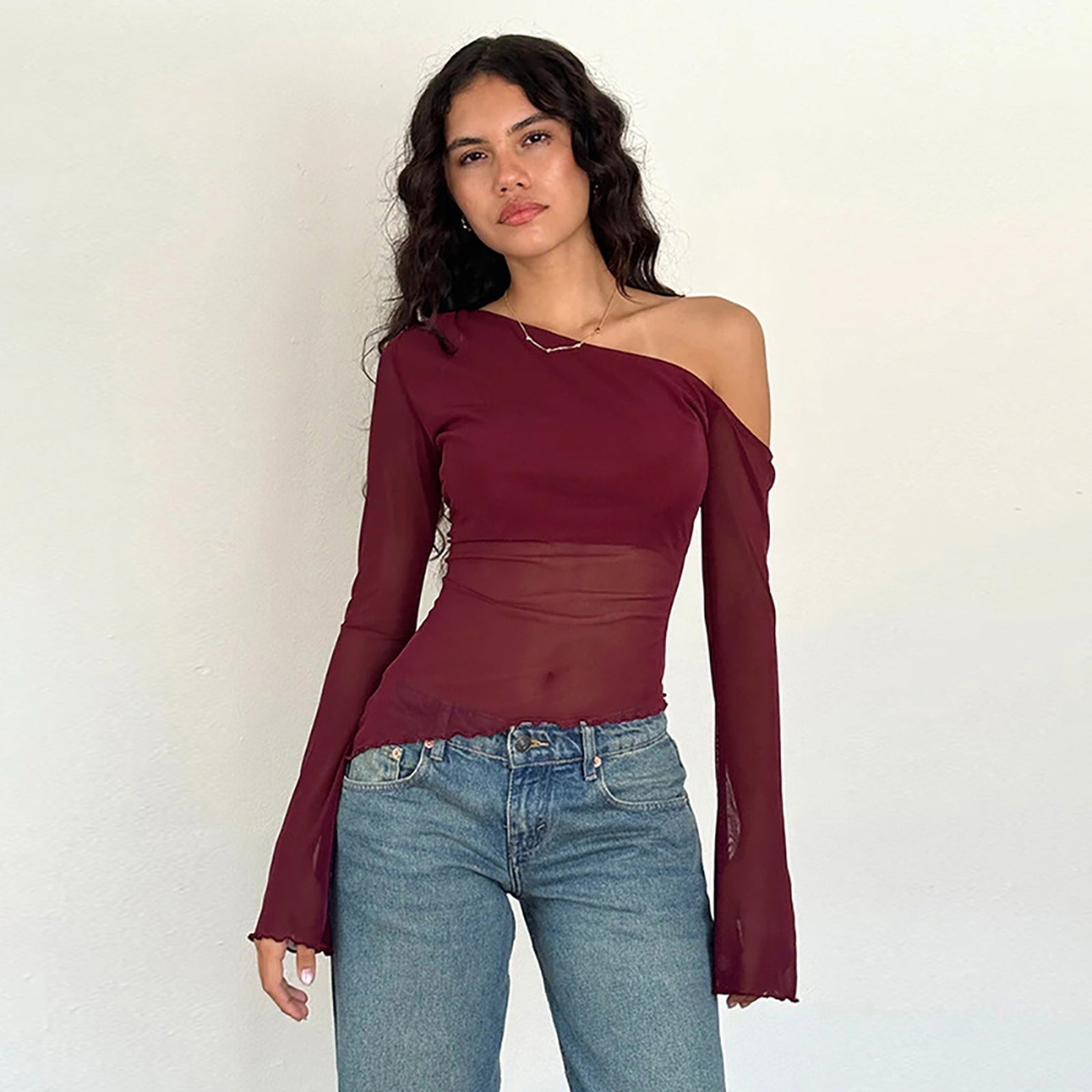 Women One Shoulder Extended Sleeves Top