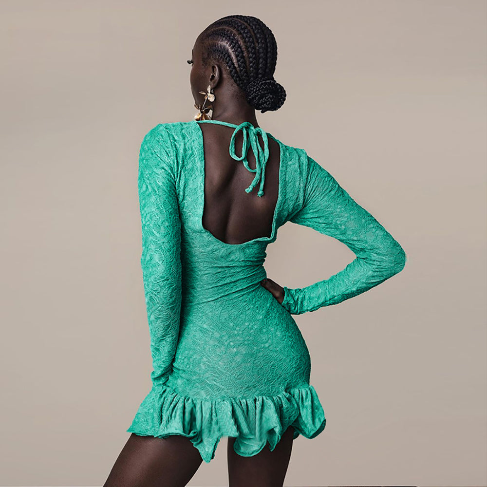 Green Self Design Party Mini Dress
