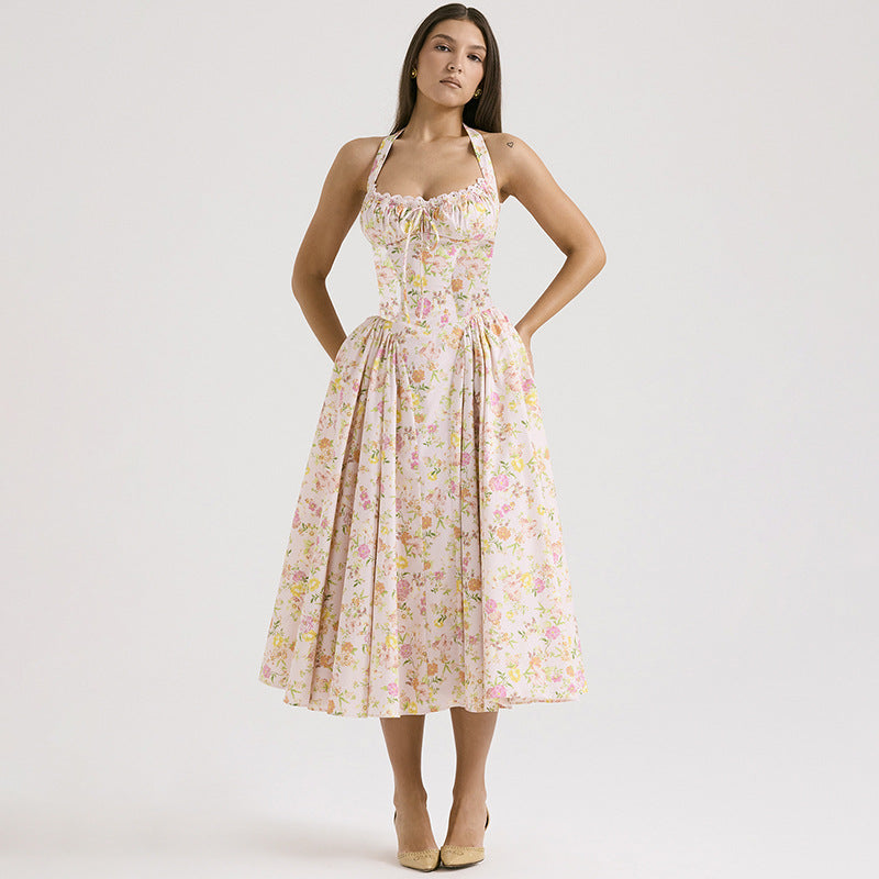 Pink Halter Neck Floral Print Fit & Flare Midi Dress