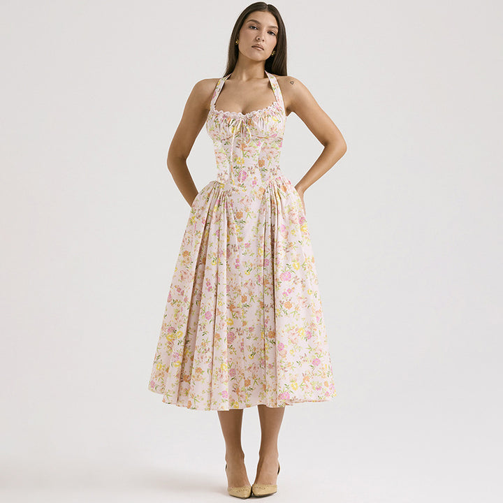 Pink Halter Neck Floral Print Fit & Flare Midi Dress