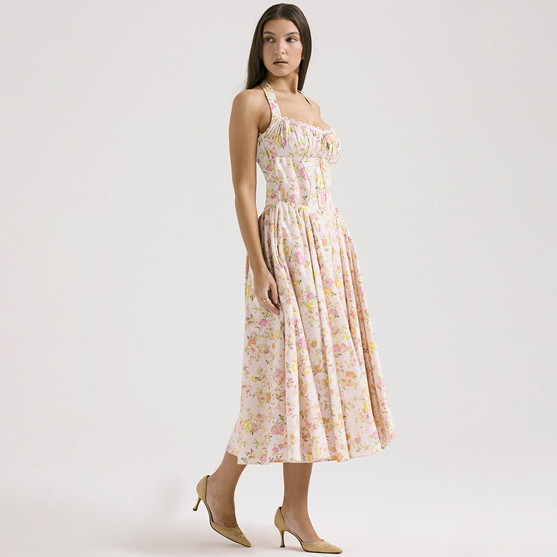 Pink Halter Neck Floral Print Fit & Flare Midi Dress