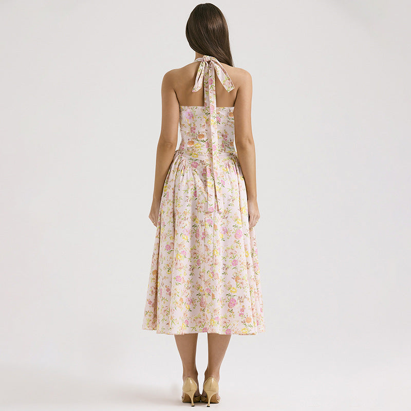 Pink Halter Neck Floral Print Fit & Flare Midi Dress